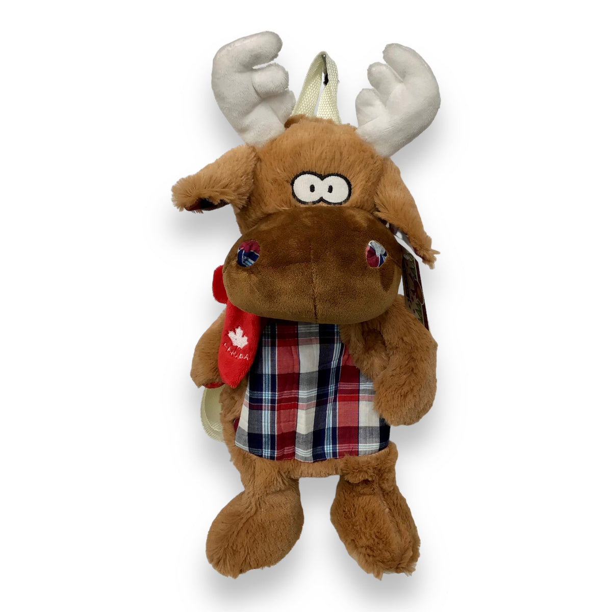 KIDS BACKPACK MOOSE PLUSH W/ CANADA MAPLE LEAF SCARF AROUND NECK BELT
