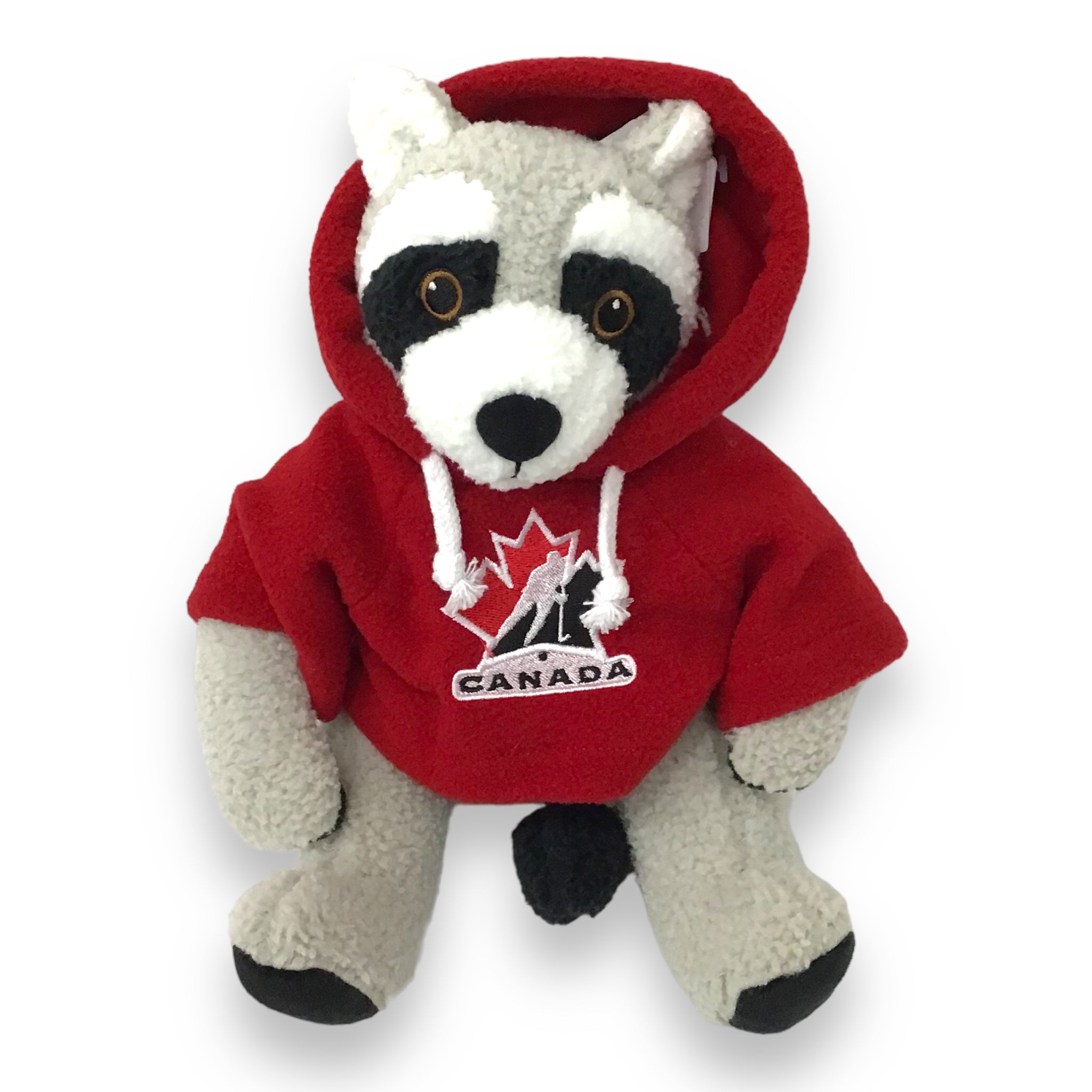 10-Inches Curly Critter Raccoon Stuffed Animal W/ Red Hockey Canada Sweatshirt Plush