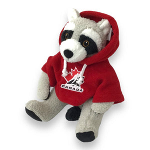 10-Inches Curly Critter Raccoon Stuffed Animal W/ Red Hockey Canada Sweatshirt Plush