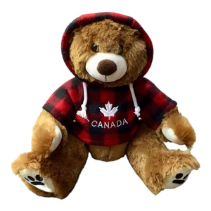 12" Cuddle Critter Grizzly Bear Stuffed Animal W/ Red Plaid Canada Maple Leaf Hoodie