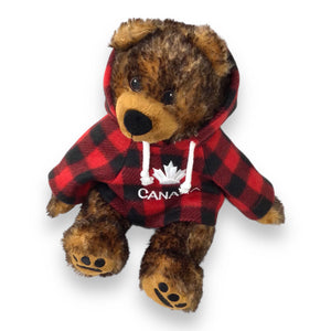 12" Cuddle Critter Grizzly Bear Stuffed Animal W/ Red Plaid Canada Maple Leaf Hoodie
