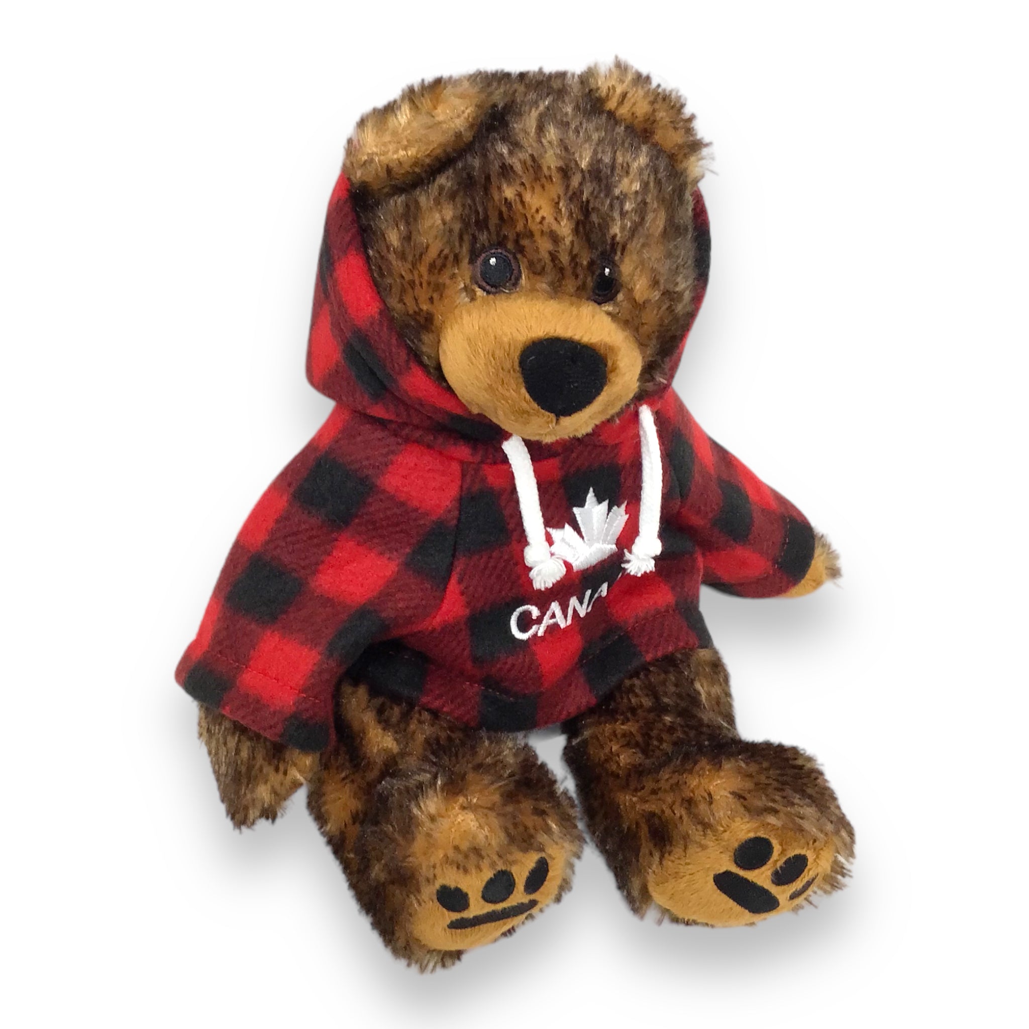 12" Cuddle Critter Grizzly Bear Stuffed Animal W/ Red Plaid Canada Maple Leaf Hoodie