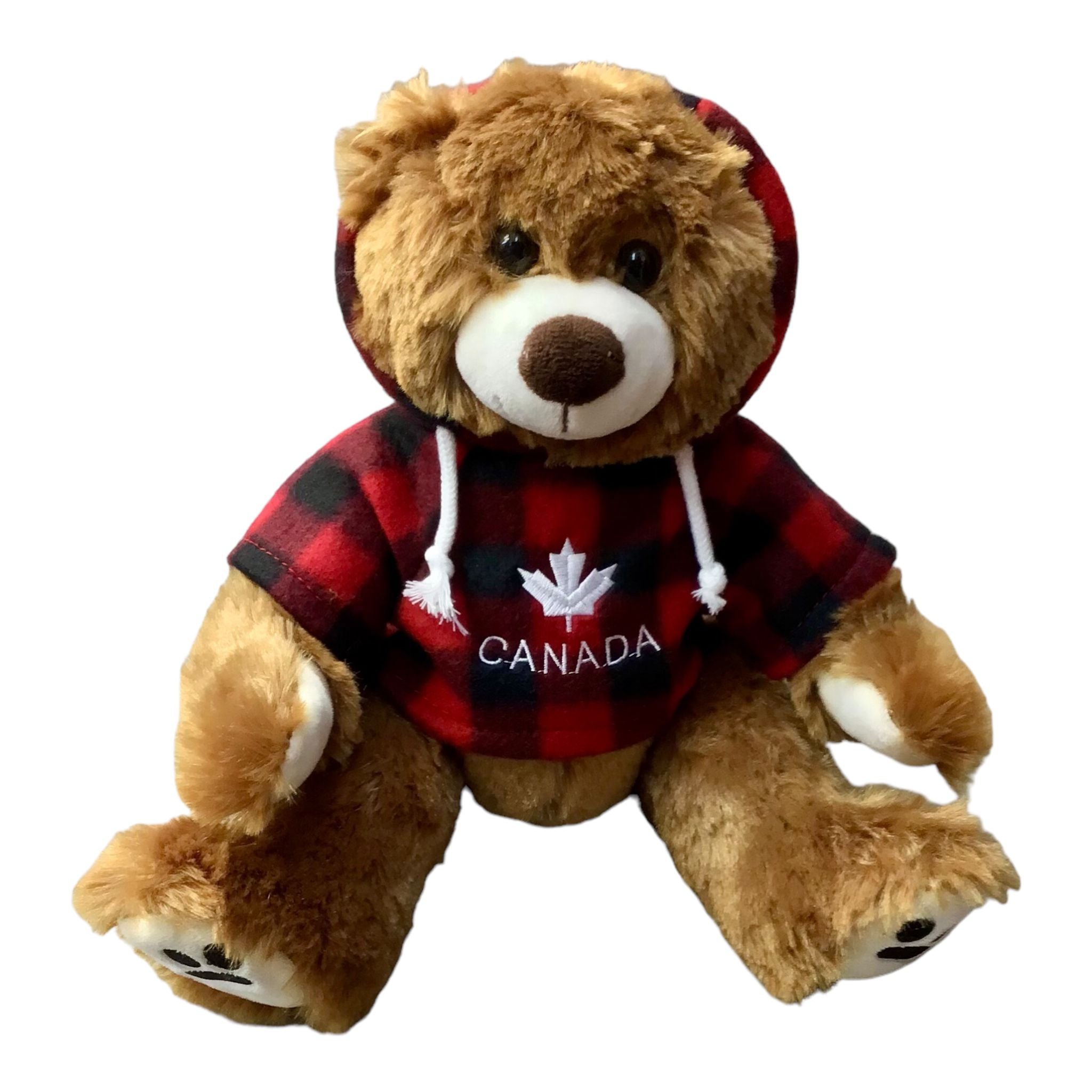 12" Cuddle Critter Grizzly Bear Stuffed Animal W/ Red Plaid Canada Maple Leaf Hoodie