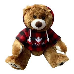 12" Cuddle Critter Grizzly Bear Stuffed Animal W/ Red Plaid Canada Maple Leaf Hoodie