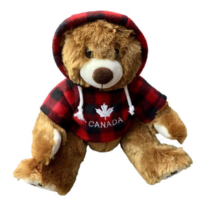 12" Cuddle Critter Grizzly Bear Stuffed Animal W/ Red Plaid Canada Maple Leaf Hoodie