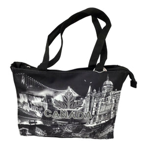 BLACK/WHITE CANADA MAPLE LEAF SKYLINE RHINESTONE TOTE BAG