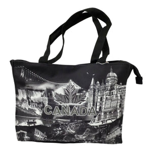 BLACK/WHITE CANADA MAPLE LEAF SKYLINE RHINESTONE TOTE BAG