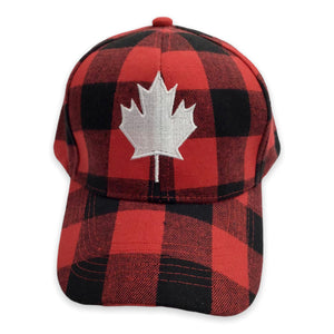 Baseball Cap Men Women Adjustable - Buffalo Plaid Red and Black with White Embroidery Maple Leaf