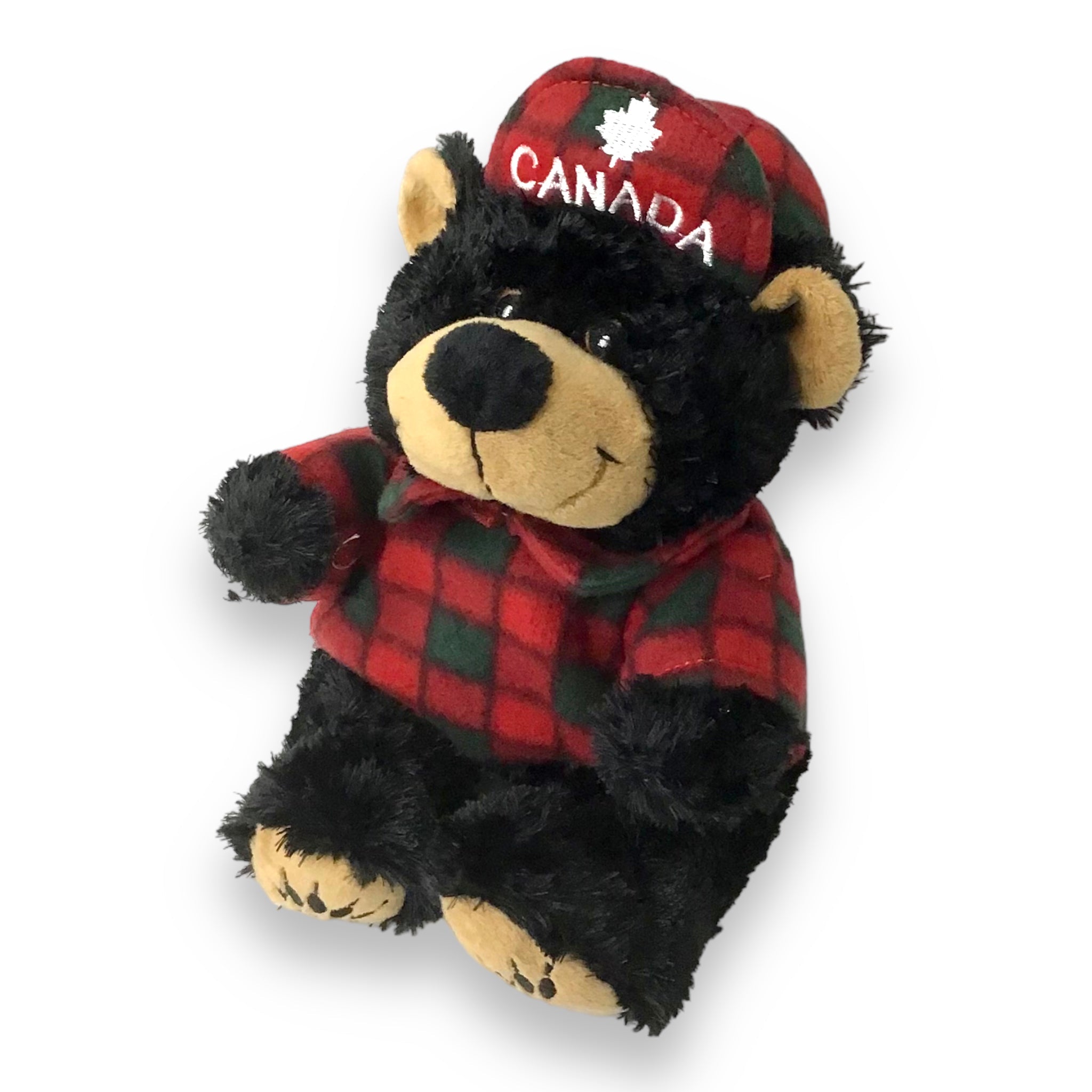 Black Teddy Bear Stuffed Animal Plush with Plaid Red/Green Hat & Sweater Canada Maple Embroidery