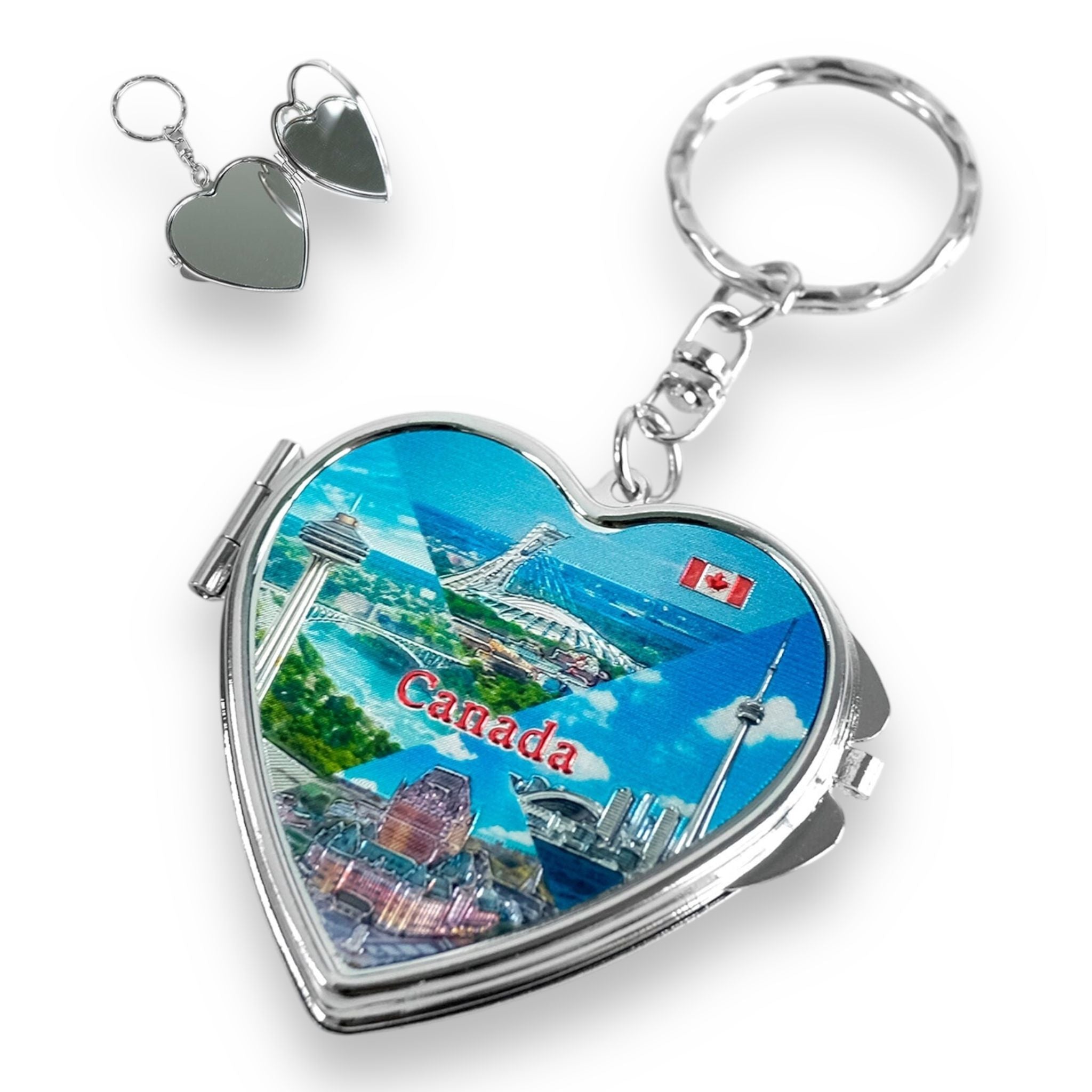 CANADA AND MONTREAL MIRROR COMPACT HEART KEYCHAIN