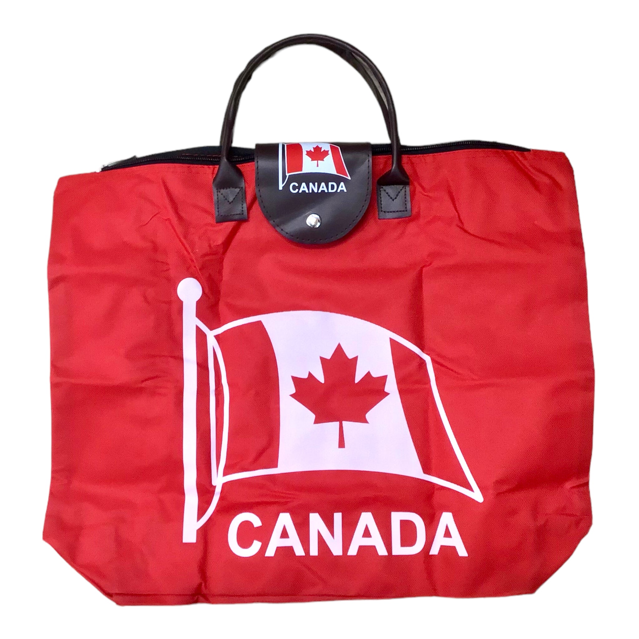 CANADA SOUVENIR FOLDING SHOPPING BAG W/ FAUX LEATHER HANDLES