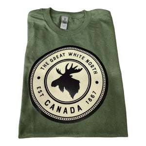 Canada Army Green Tee Unisex - Moose The Great White North Applique Design Shirt