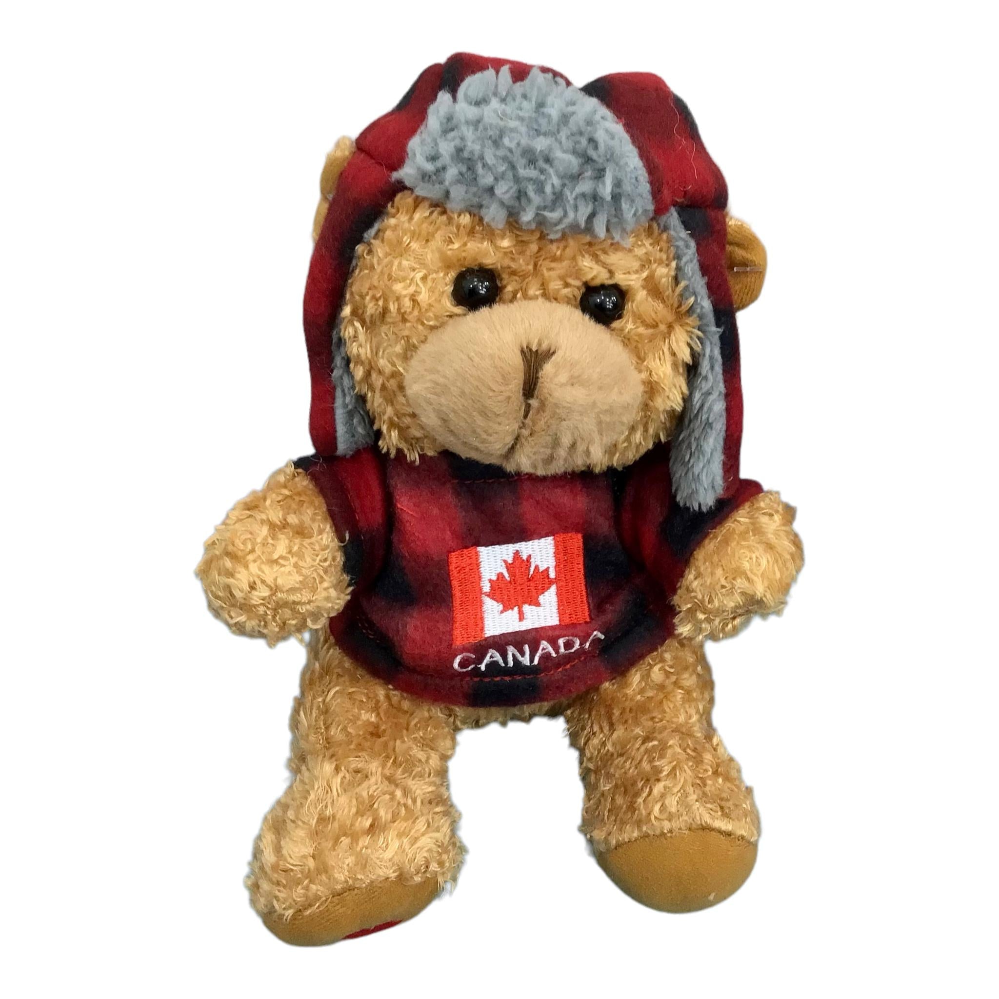 Canada Bear Stuffed Animal Buffalo Plaid Top and Hat | Canadian Flag and Name Drop Embroidery | Teddy Bear Stuffed Plush Toy | Soft Cuddly Stuffed Bear for Baby, Boys and Girls