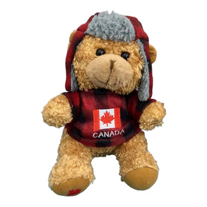 Canada Bear Stuffed Animal Buffalo Plaid Top and Hat | Canadian Flag and Name Drop Embroidery | Teddy Bear Stuffed Plush Toy | Soft Cuddly Stuffed Bear for Baby, Boys and Girls