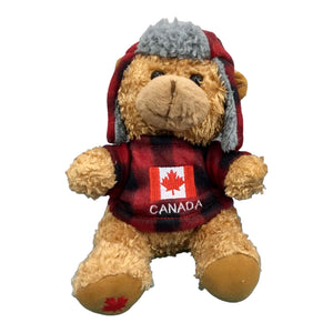 Canada Bear Stuffed Animal Buffalo Plaid Top and Hat | Canadian Flag and Name Drop Embroidery | Teddy Bear Stuffed Plush Toy | Soft Cuddly Stuffed Bear for Baby, Boys and Girls