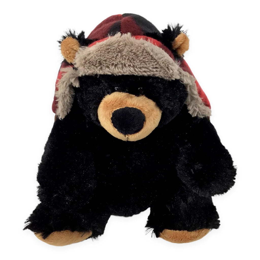 Canada Black Teddy Bear Plush Toy | Black Teddy Bear with Buffalo Plaid Flap Hat | Soft Stuffed Animal Baby Toy | Realistic Stuffed Small Teddy Bear Animal Toy | Mini Plush Animal Toy for Kids