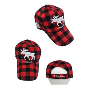 Canada Cap Plaid Red and Black with White Embroidery Moose Adjustable