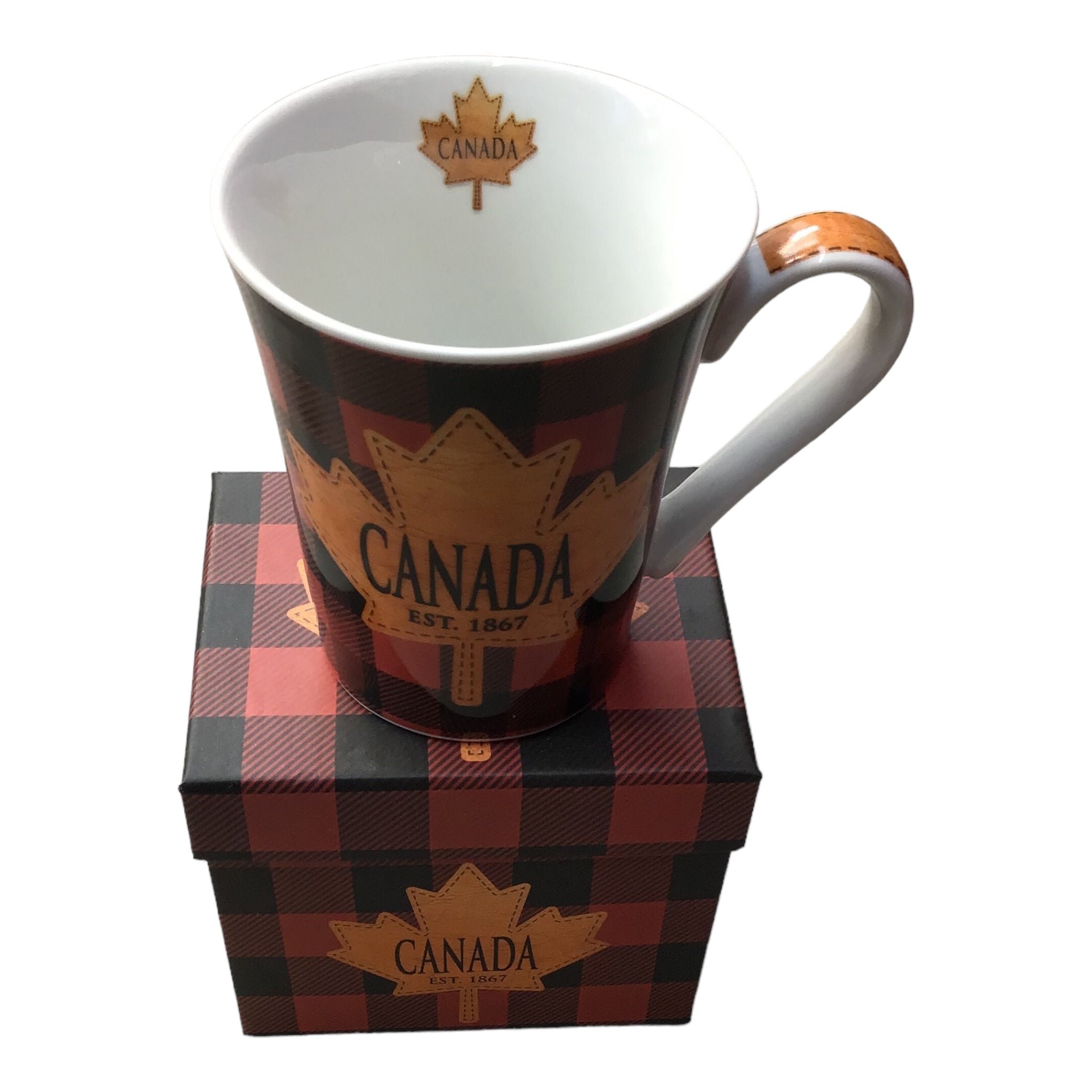 Canada Coffee Mug Plaid Red and Black with Maple Leaf and Matching Box