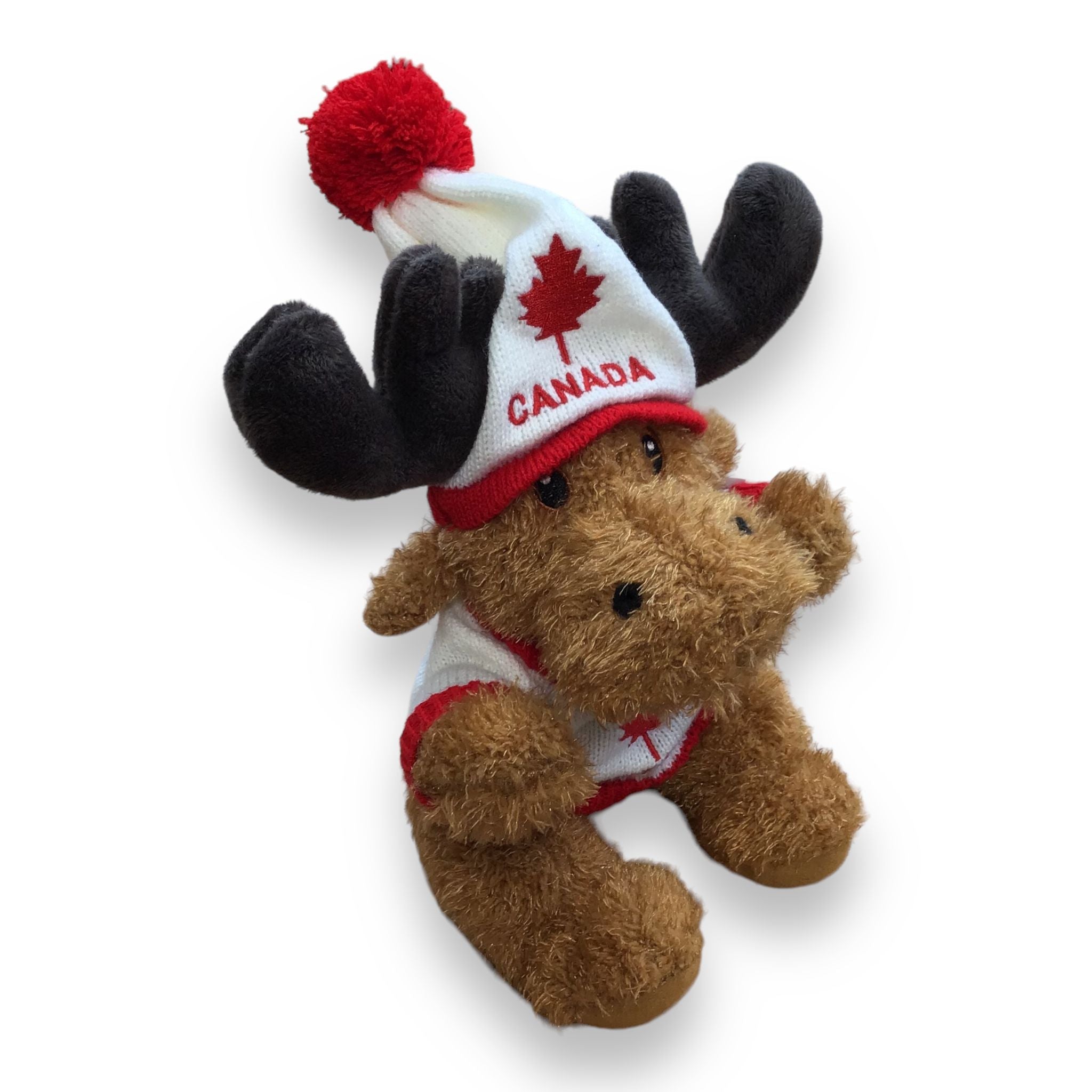 Canadian Moose Stuffed Animal Wearing Sweater and Toque, Montreal and Leaf Themed Embroidery Plush Soft Toy