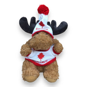 Canadian Moose Stuffed Animal Wearing Sweater and Toque, Montreal and Leaf Themed Embroidery Plush Soft Toy