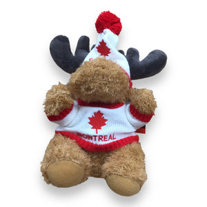 Canadian Moose Stuffed Animal Wearing Sweater and Toque, Montreal and Leaf Themed Embroidery Plush Soft Toy