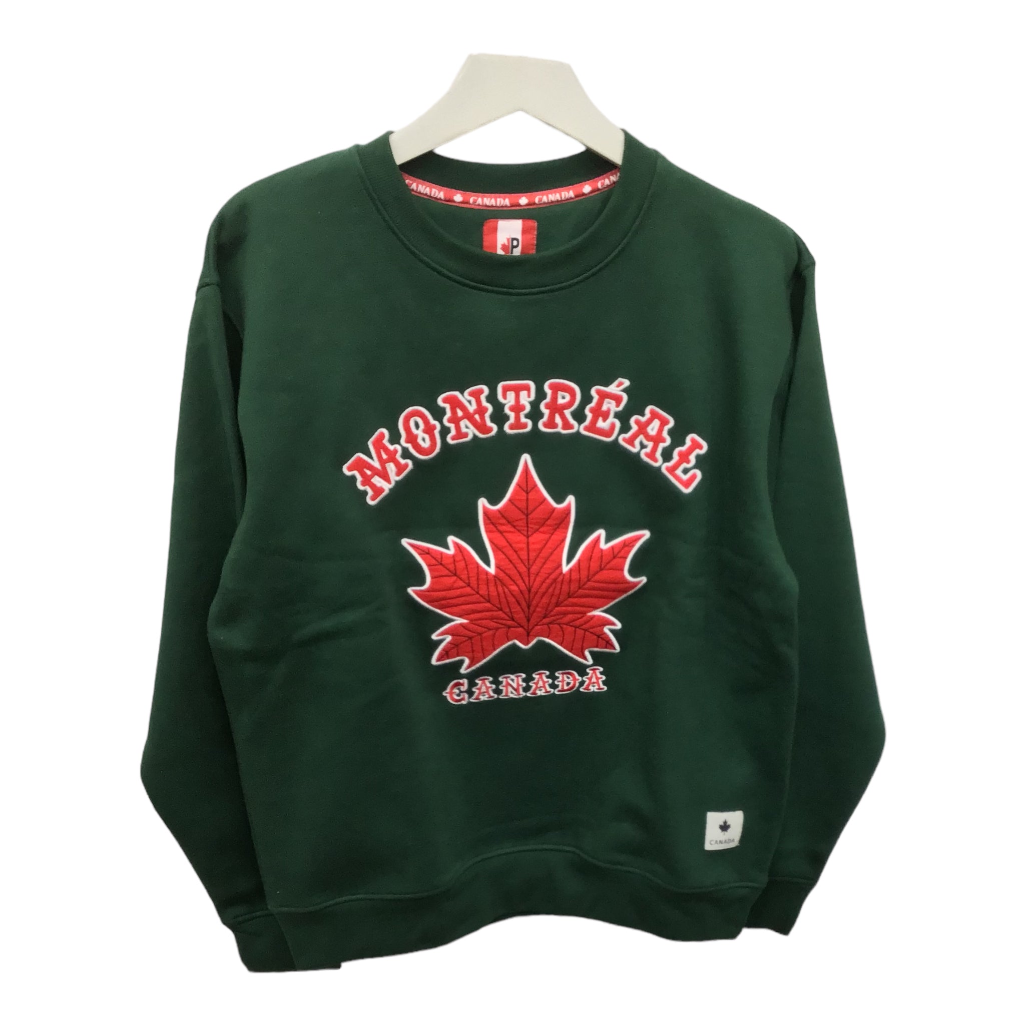 Forest Green Crew Neck Sweatshirt for Men & Women W/ Red Maple Leaf and Montreal Canada Embroidery Name Drop