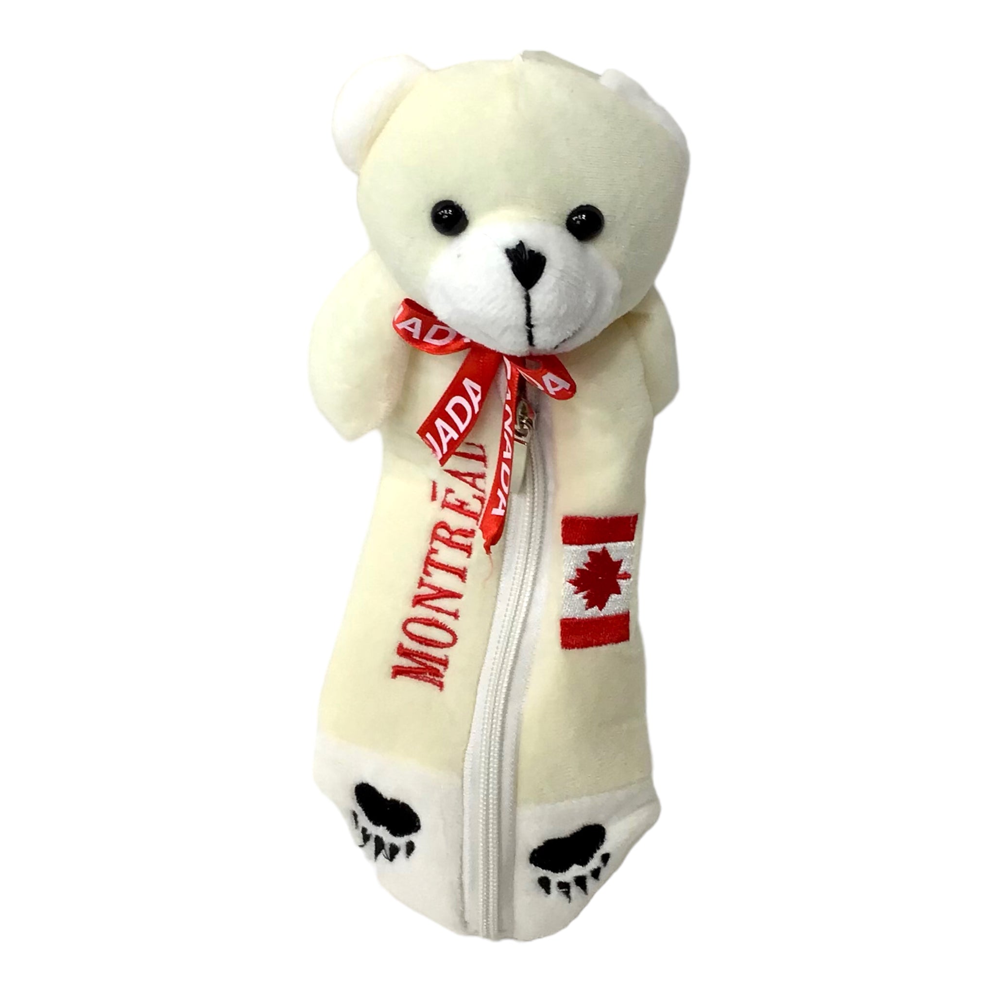 MOOSE BEAR PENCIL CASE PLUSH W/ CANADIAN FLAG AND MONTREAL NAME DROP EMBROIDERY