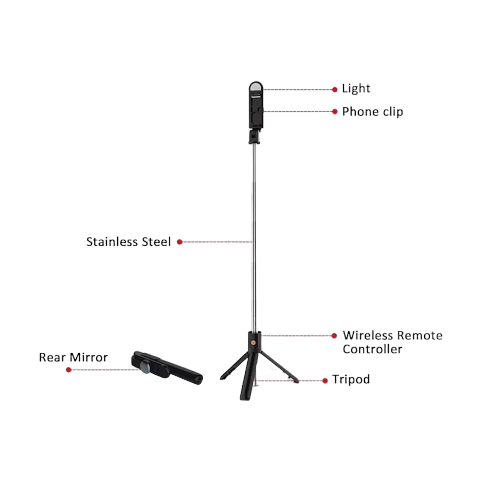Mobile Phone Monopod Selfie Stick Tripod with Wireless Remote Shuuter and LED Light