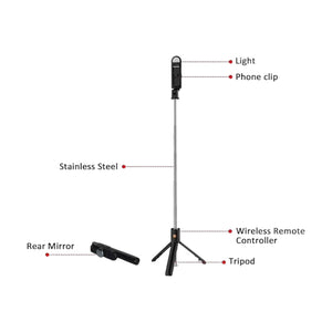 Mobile Phone Monopod Selfie Stick Tripod with Wireless Remote Shuuter and LED Light