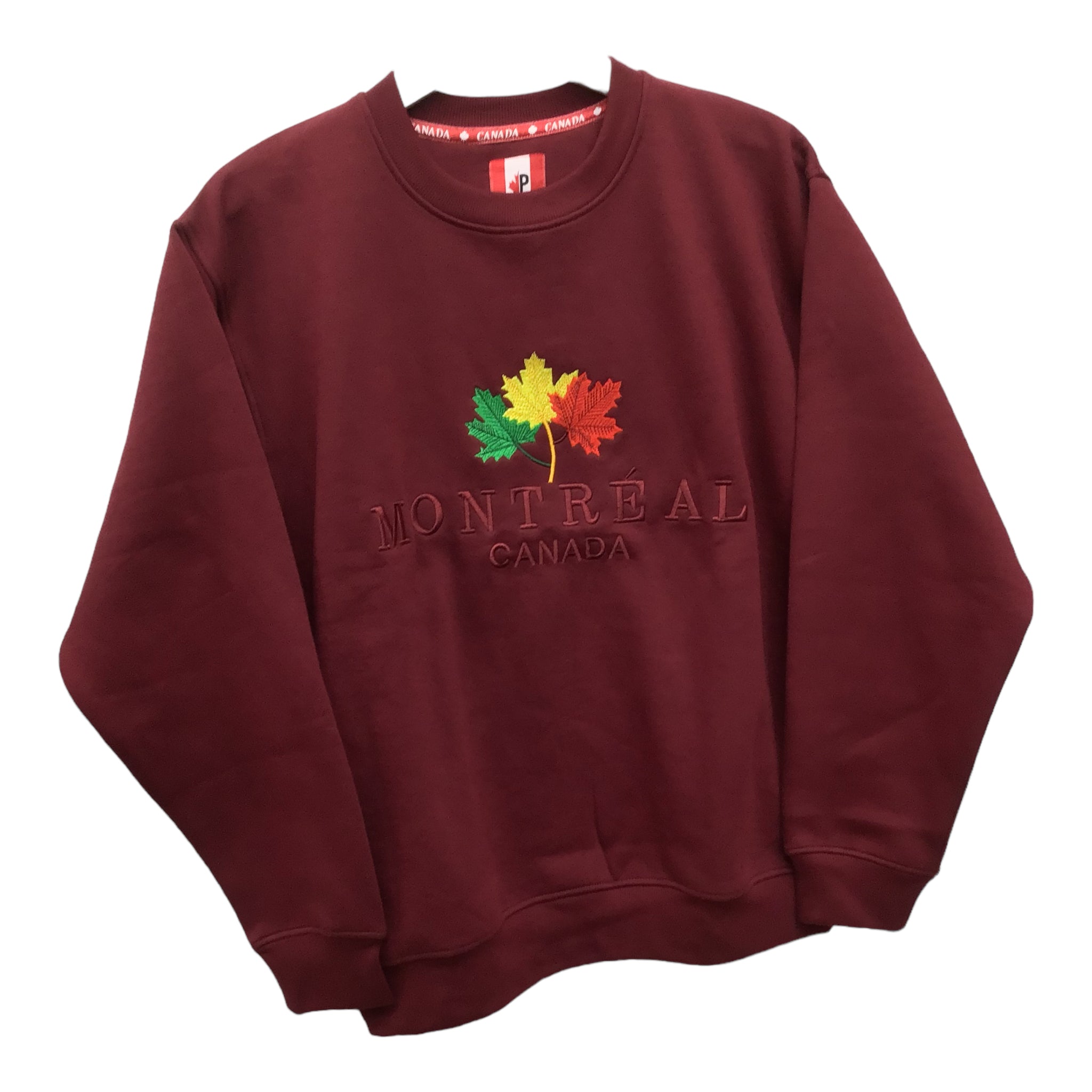 Montreal Crew Neck Sweatshirt Burgundy W/ Red Green & Yellow Maple Leaf Embroidery for Men and Women