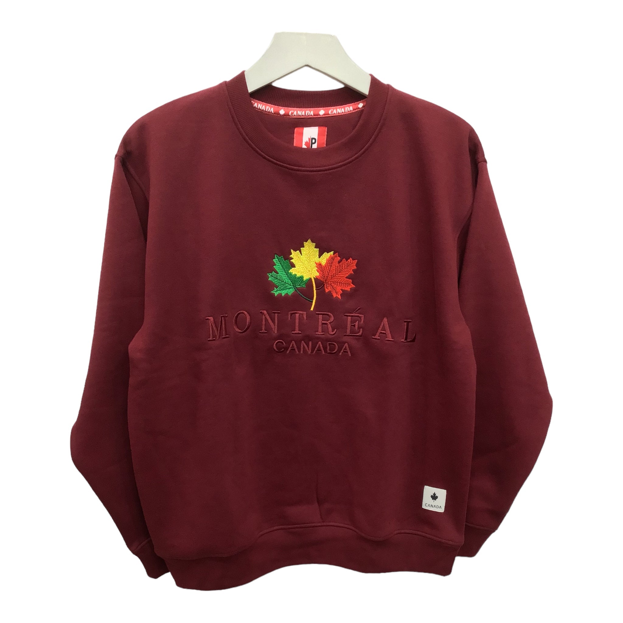 Montreal Crew Neck Sweatshirt Burgundy W/ Red Green & Yellow Maple Leaf Embroidery for Men and Women