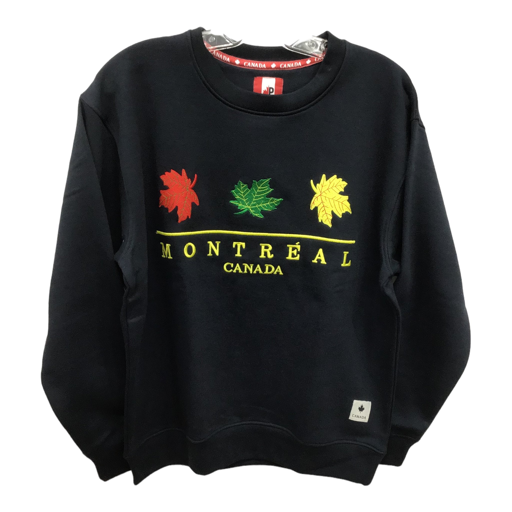 Montreal Crew Neck Sweatshirt Navy W/ Red Green & Yellow Maple Leaf Embroidery for Men and Women