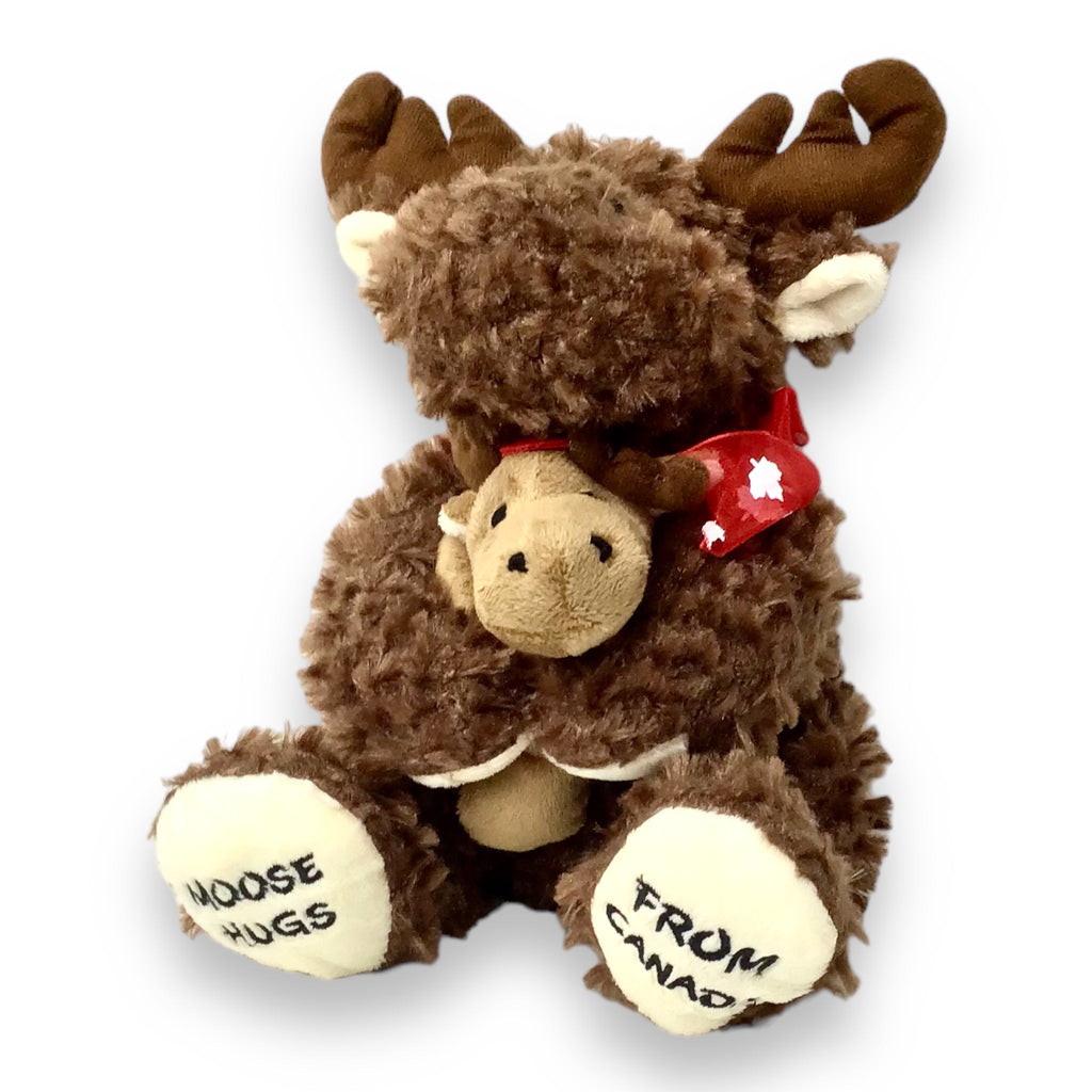 Moose Hugging Baby Moose w/ Maple Leaf Scarf Around the Neck 10” | Adorable Playtime Sitting Moose Plush Toy | Cute Wild Life Cuddle Gift | Super Soft Plush Animal Toy. Moose Hug from Canada