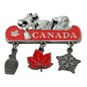 PEWTER FRIDGE MAGNET - CANADA WILD LIFE IN THE CANOE W/ CHARMS