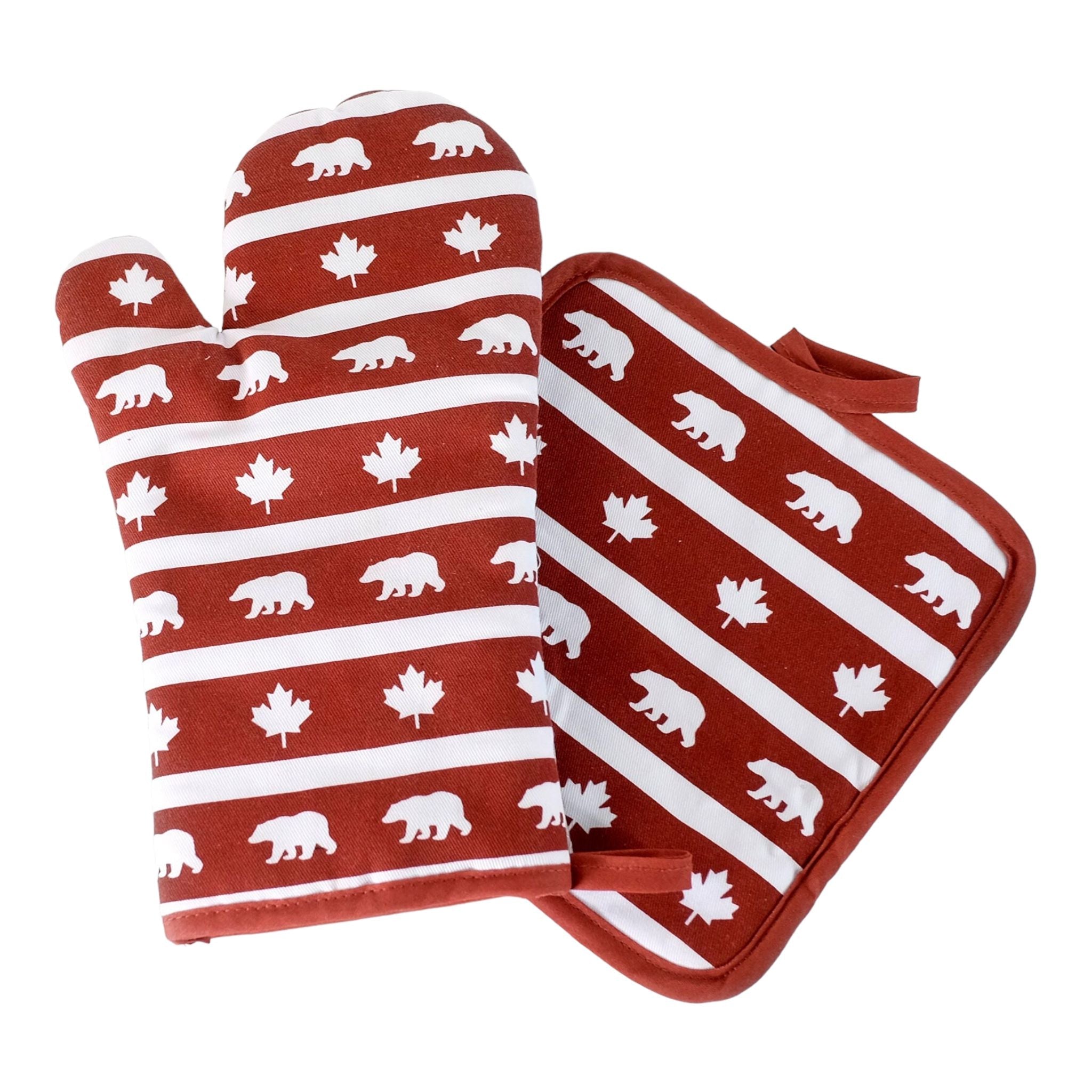 RED OVEN MITT GLOVE W/ WHITE LEAF & BEAR THEME DESIGN