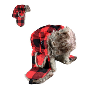 RED PLAID HAT w/ FAUX FUR FLAPS WINTER AUTHENTIC FASHION FOR MEN AND WOMEN