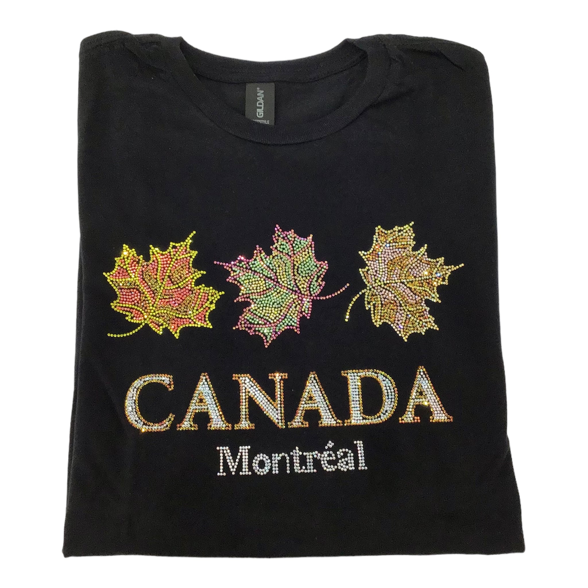 Rhinestone 3 Maple Leaf Women Tee - Black T-shirt W/ Montreal Canada N