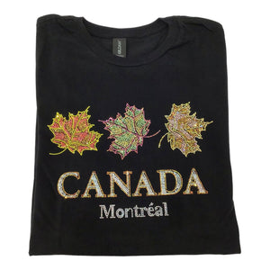Rhinestone 3 Maple Leaf Women Tee -  Black T-shirt W/ Montreal Canada Name Drop