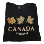 Rhinestone 3 Maple Leaf Women Tee -  Black T-shirt W/ Montreal Canada Name Drop
