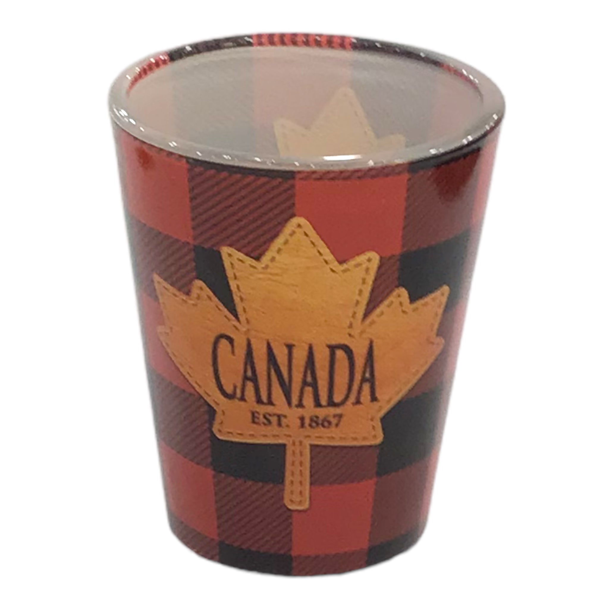 SHOT GLASS CANADA RED BLACK PLAID W/ VINTAGE MAPLE LEAF