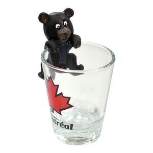 SHOT GLASS MONTREAL RED MAPLE LEAF W/ HANGING BEAR