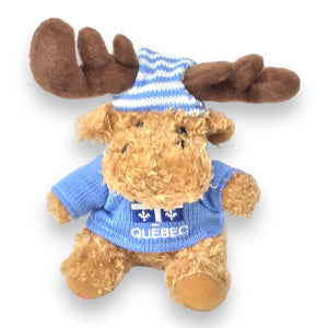 Stuffed Animal Moose 7 inches Plush with Blue Hat & Sweater Quebec Flag Embroidery