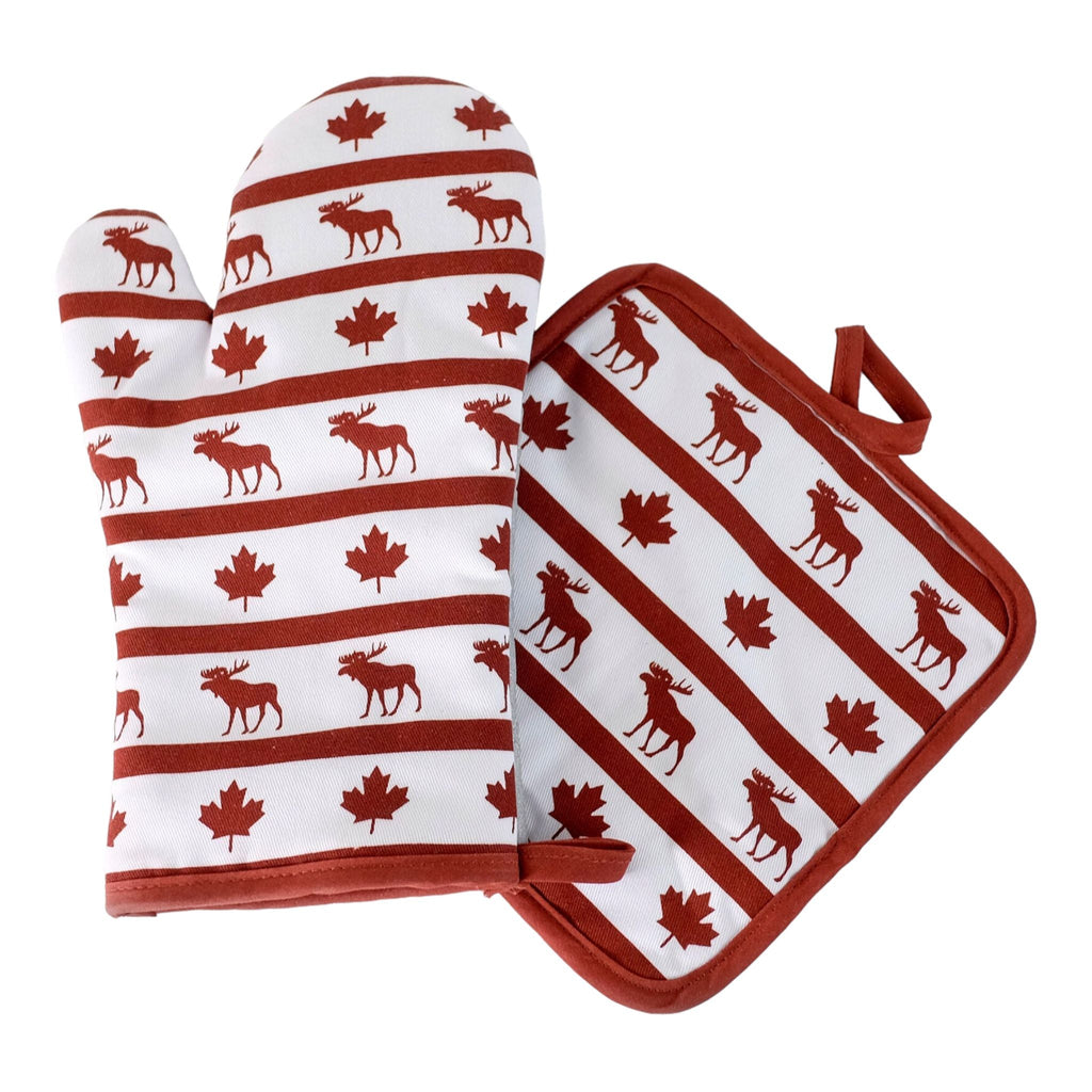 WHITE OVEN MITT GLOVE W/ RED LEAF & MOOSE THEME DESIGN