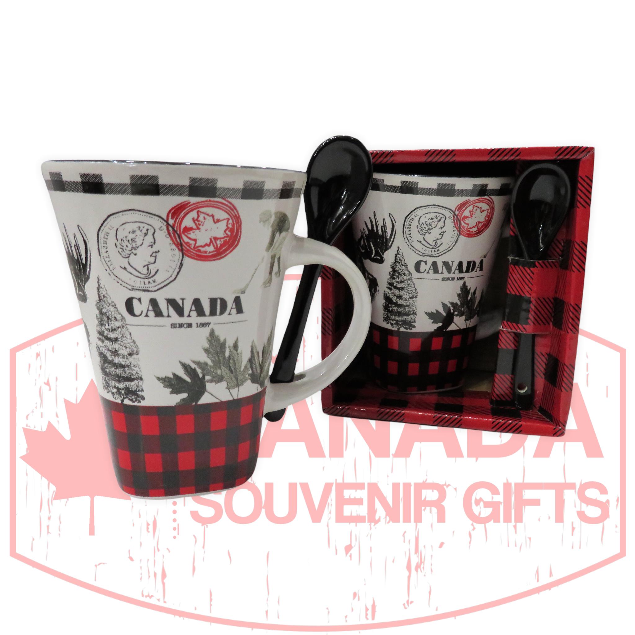 14 oz Canada Ceramic Buffalo Plaid Coffee Mug with Black Spoon | Set for Home, Office, Camping, Traveling | Canadian Cups for Hot and Cold Drinks | Tea Cup with Gift Box