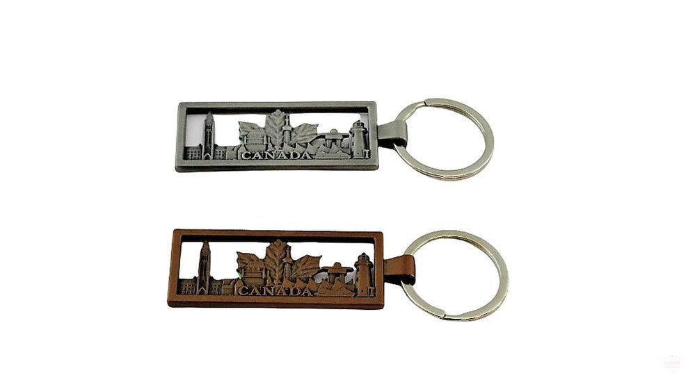 2pc Canada Maple Leaf City View Metal Keychain Silver & Bronze Color