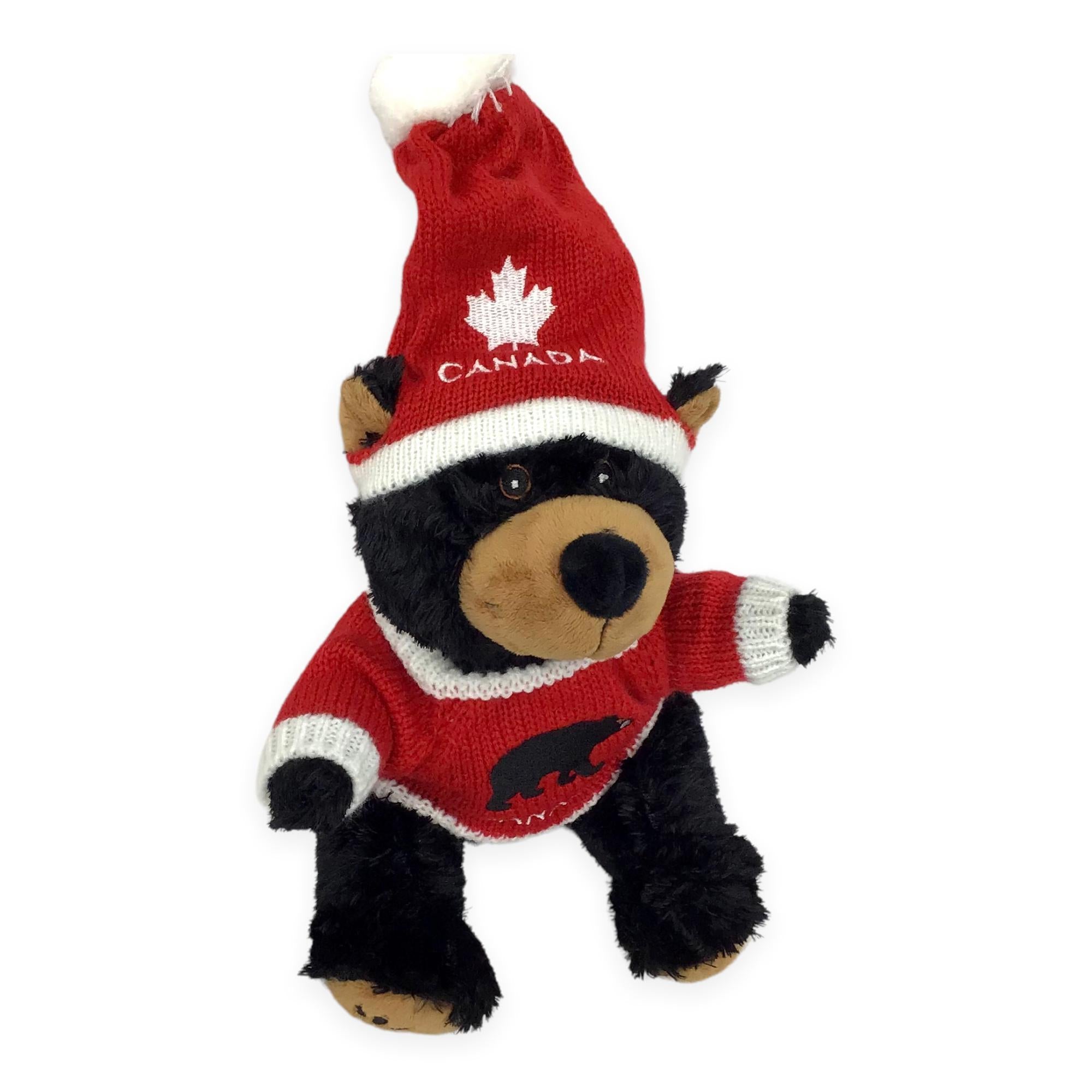 Black Bear Stuffed Animal w/ Red and White Sweater and Hat - Canada Maple Leaf Embroidered