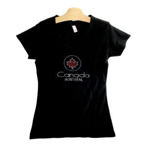 Black Canada Montréal Rhinestone Womens T Shirt w/ Red Maple Leaf V Neck