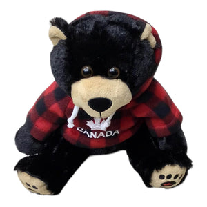 Buffalo Plaid  Hoodie 14” Sitting Black Bear Stuffed Animal Plush W/ Canada Maple Leaf Embroidery