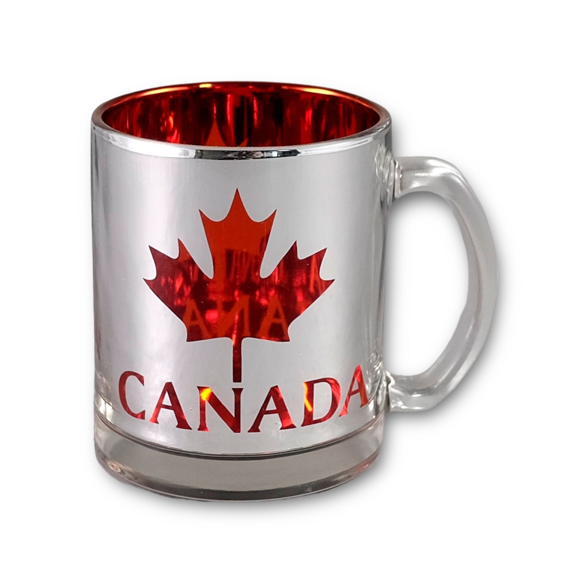 CANADA 11oz GLASS MUG - RED/SILVER W/ MAPLE LEAF FOR COLD AND HOT DRINKS MUG