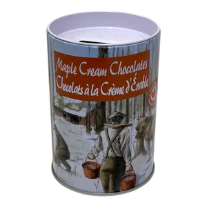 CANADA MAPLE CREAM CHOCOLATE 10 INDIVIDUALLY PACKED IN METAL PIGGY BANK CONTAINER